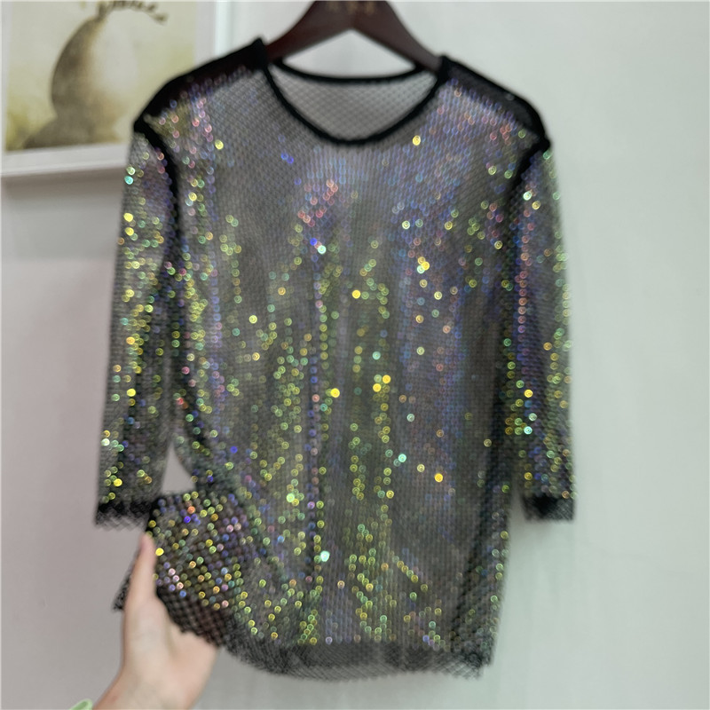 Crystal Mesh Fabric - ColorShiny Diamonds Elektrikli hece Temel Gömlek